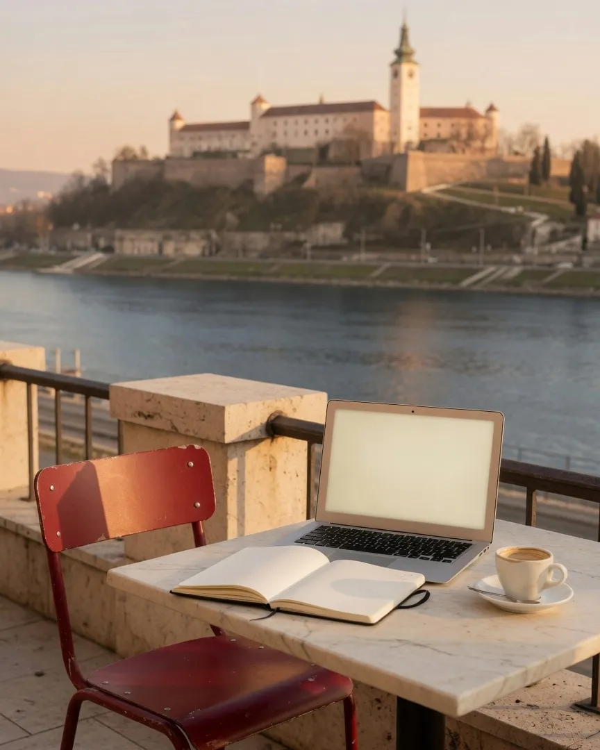 Laptop and notebook on a terrace table overlooking a riverside fortress