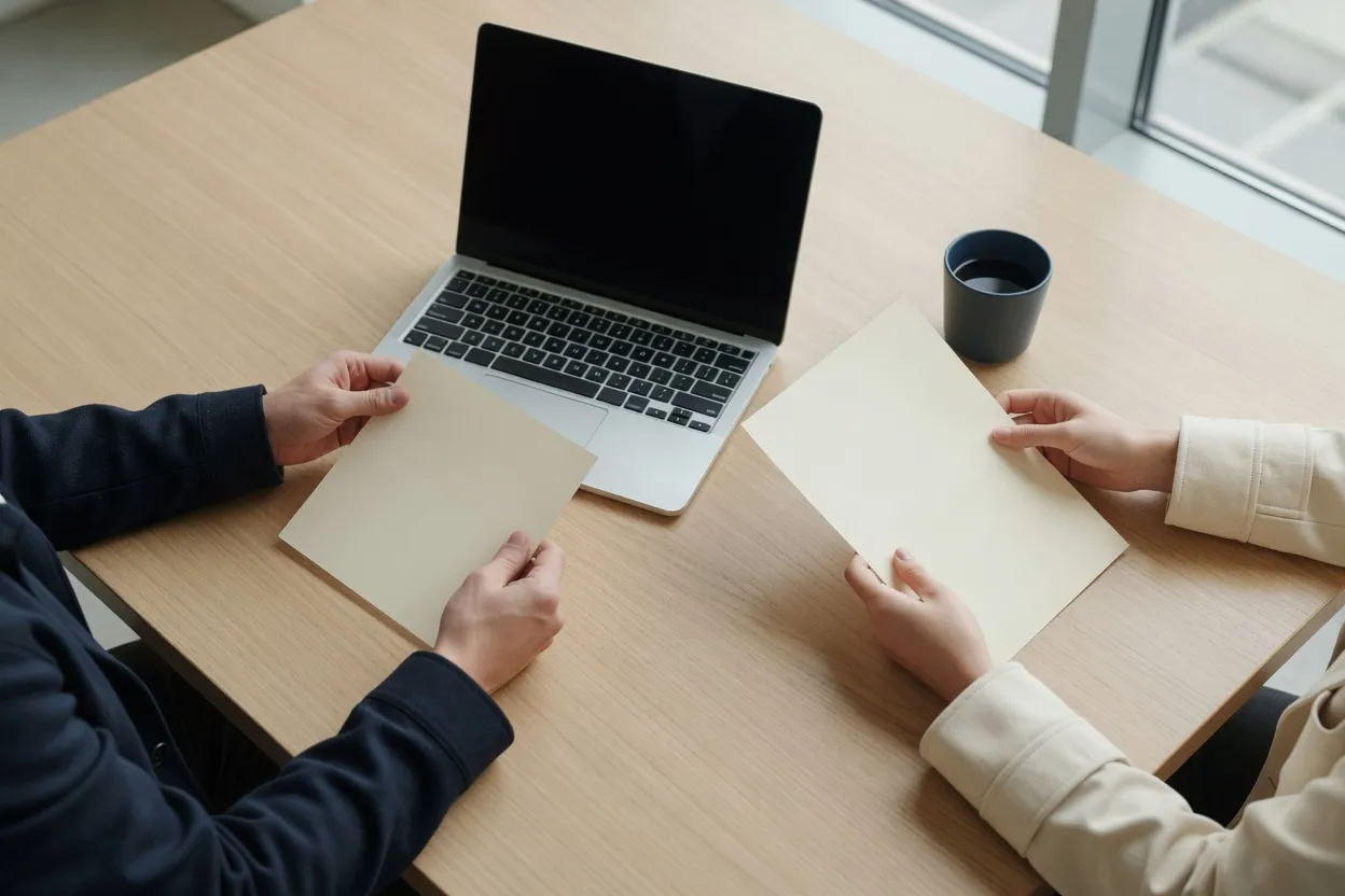Two people reviewing papers at a table with a laptop