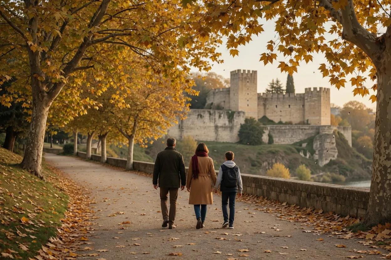 Family walking along an autumn path below a fortress