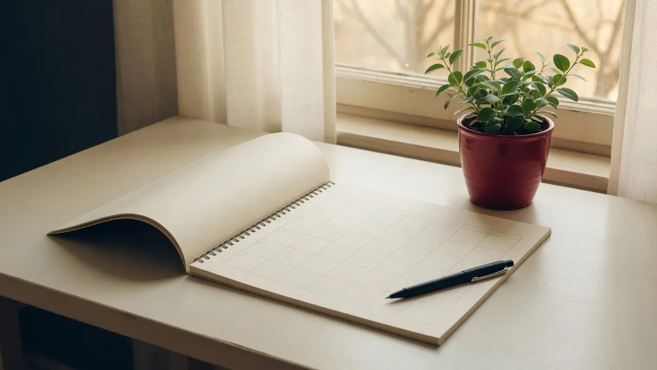 Calendar and pen on a desk by a window