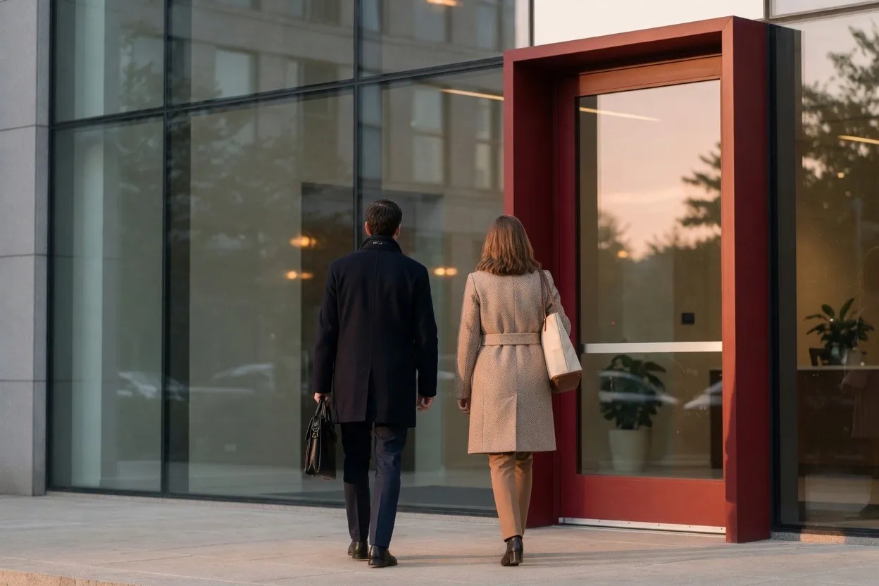 Two people walking into a modern glass building